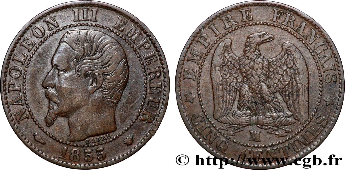 Cinq centimes Napoléon III, tête nue 1855 Marseille F.116/26 VF 