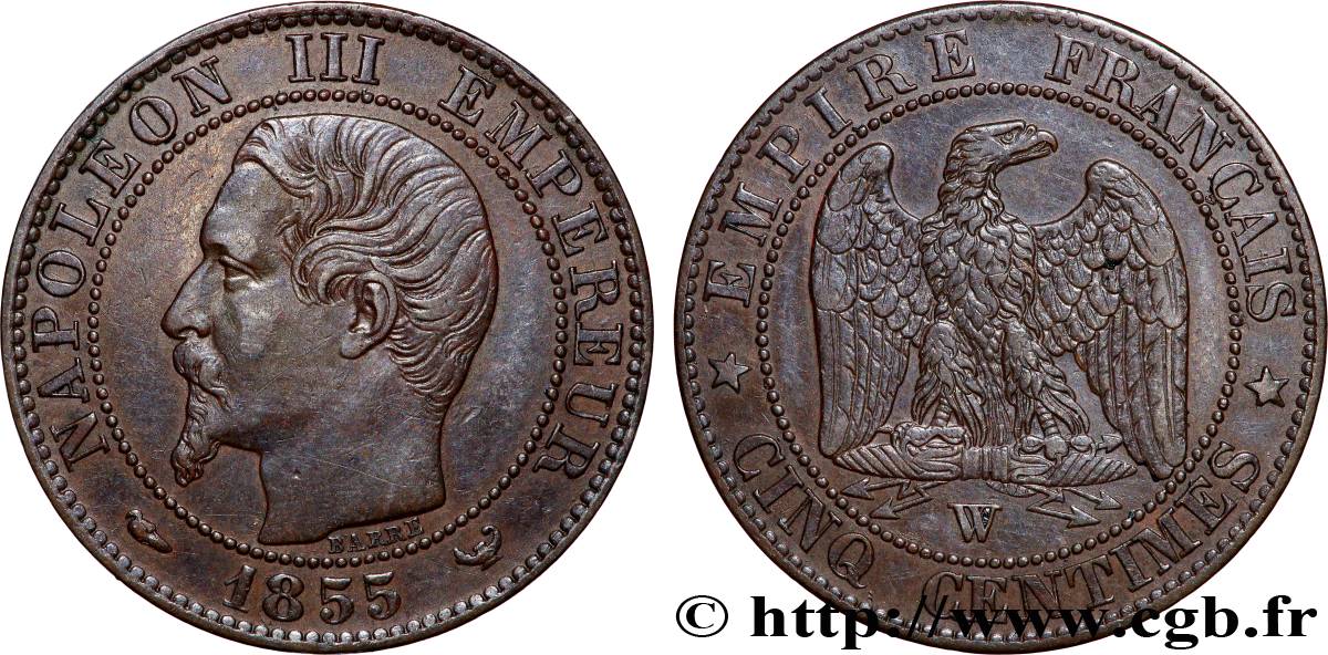 Cinq centimes Napoléon III, tête nue 1855 Lille F.116/28 AU 