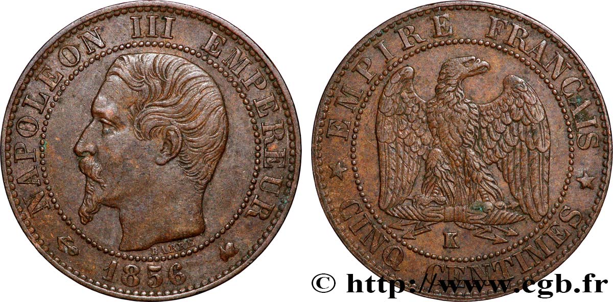 Cinq centimes Napoléon III, tête nue 1856 Bordeaux F.116/34 XF 