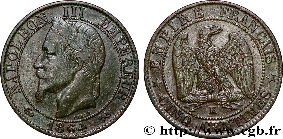Cinq centimes Napoléon III, tête laurée 1864 Bordeaux F.117/15 S 