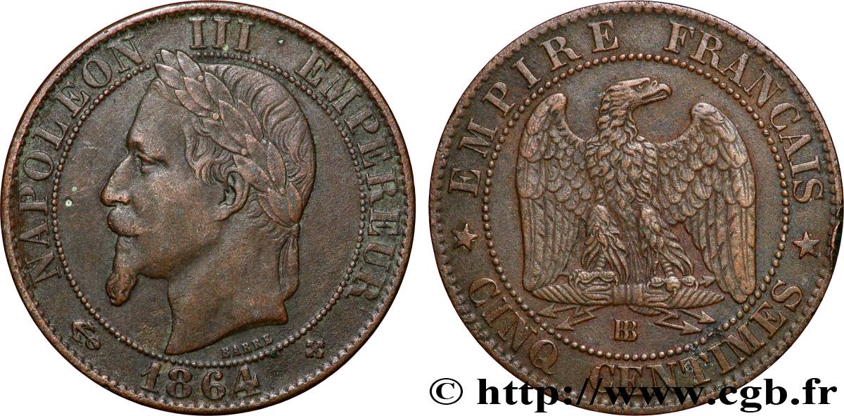 Cinq centimes Napoléon III, tête laurée 1864 Strasbourg F.117/14 VF 