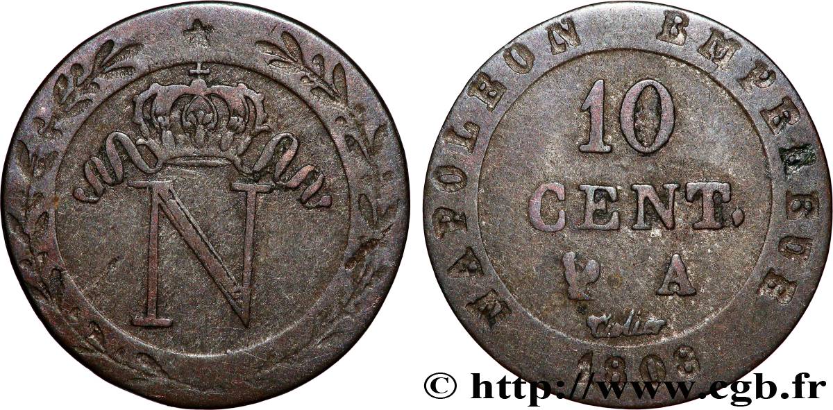 10 cent. à l&nbsp;N couronnée 1808 Paris F.130/2 VF 