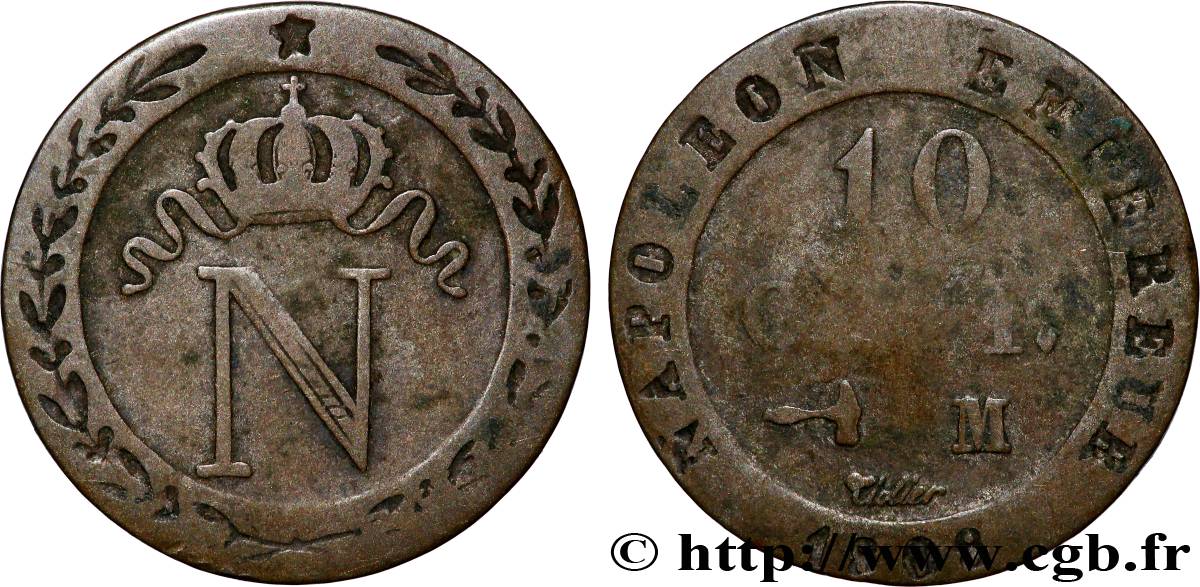 10 cent. à l&nbsp;N couronnée 1808 Toulouse F.130/7 S 