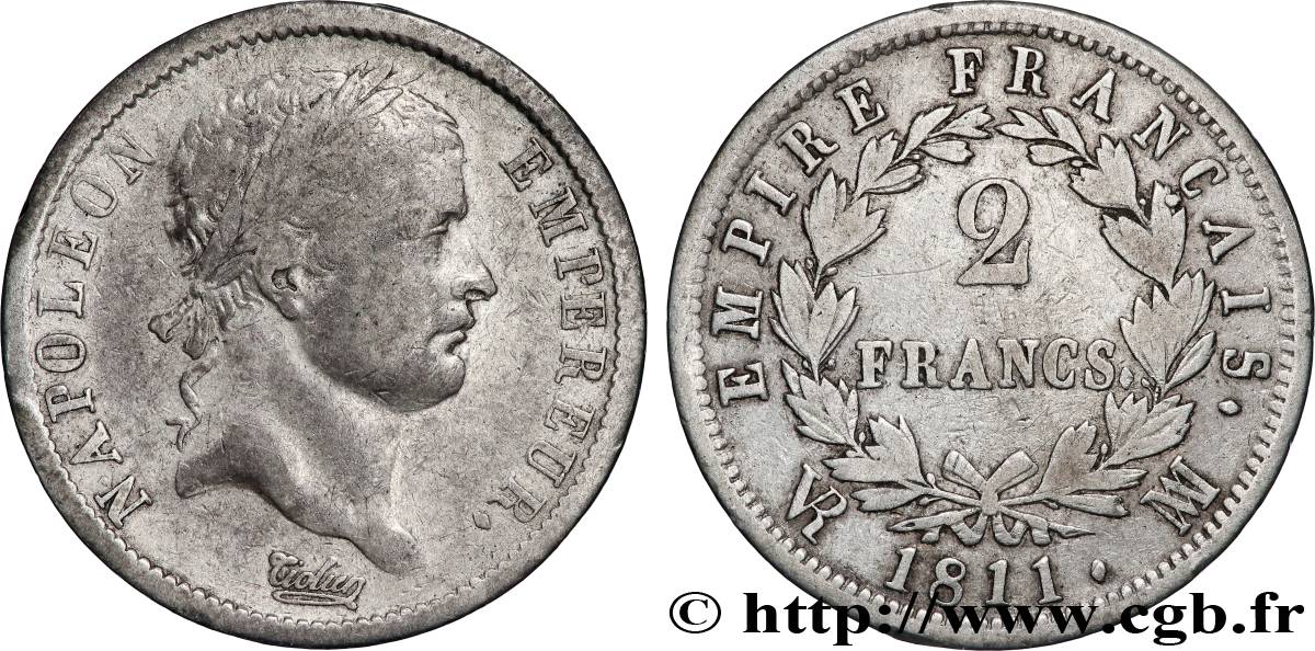 2 francs Napoléon Ier tête laurée, Empire français 1811 Marseille F.255/33 TB 