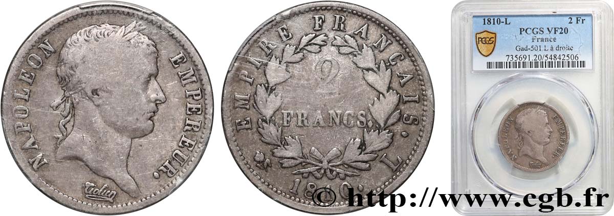 2 francs Napoléon Ier tête laurée, Empire français 1810 Bayonne F.255/17 TB20 PCGS