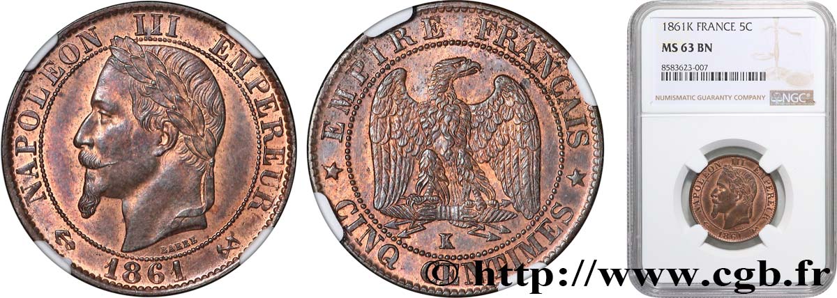 Cinq centimes Napoléon III, tête laurée 1861 Bordeaux F.117/6 MS63 NGC