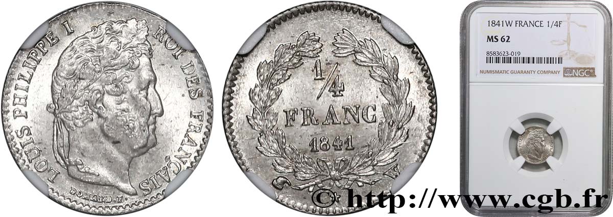 1/4 franc Louis-Philippe 1841 Lille F.166/88 MS62 NGC