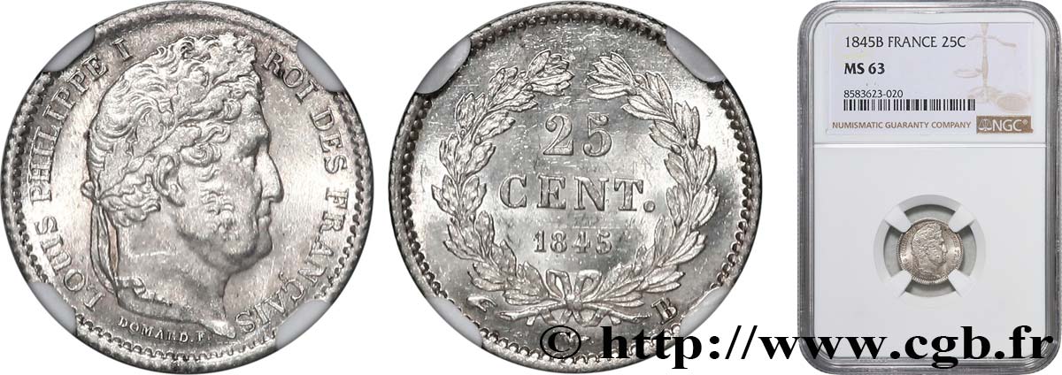 25 centimes Louis-Philippe 1845 Rouen F.167/1 MS63 NGC