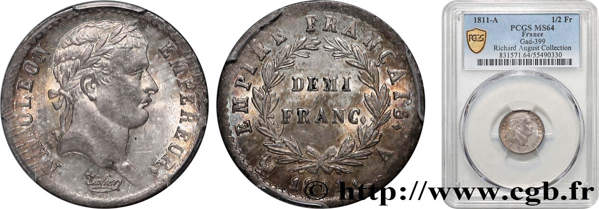Demi-franc Napoléon Ier tête laurée, Empire français 1811 Paris F.178/21 SPL64 PCGS