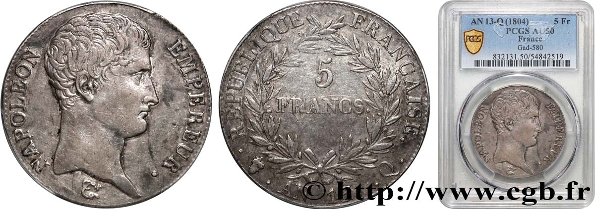 5 francs Napoléon Empereur, Calendrier révolutionnaire 1805 Perpignan F.303/15 TTB50 PCGS