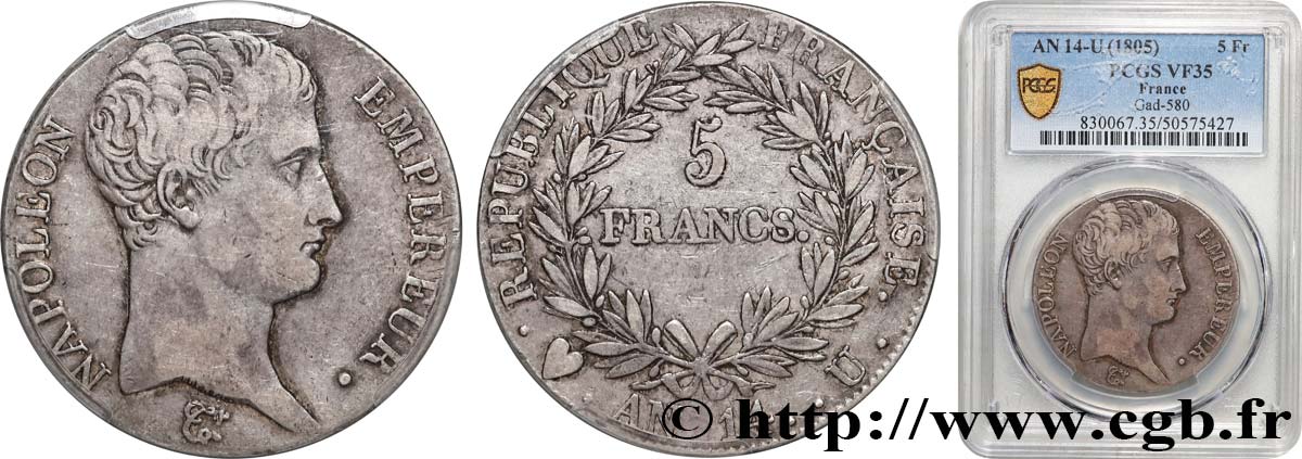 5 francs Napoléon Empereur, Calendrier révolutionnaire 1805 Turin F.303/28 TB35 PCGS