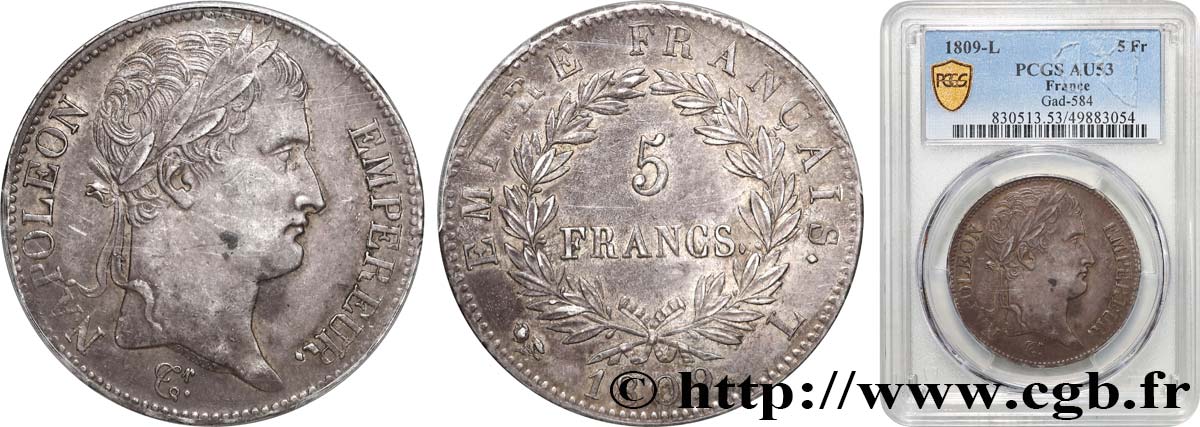 5 francs Napoléon Empereur, Empire français 1809 Bayonne F.307/8 SS53 PCGS