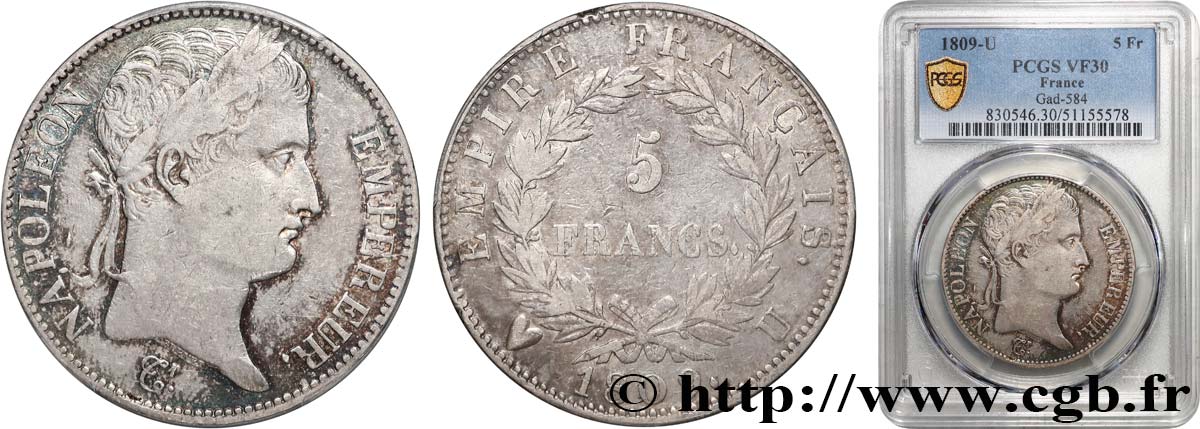 5 francs Napoléon Empereur, Empire français 1809 Turin F.307/12 TB30 PCGS