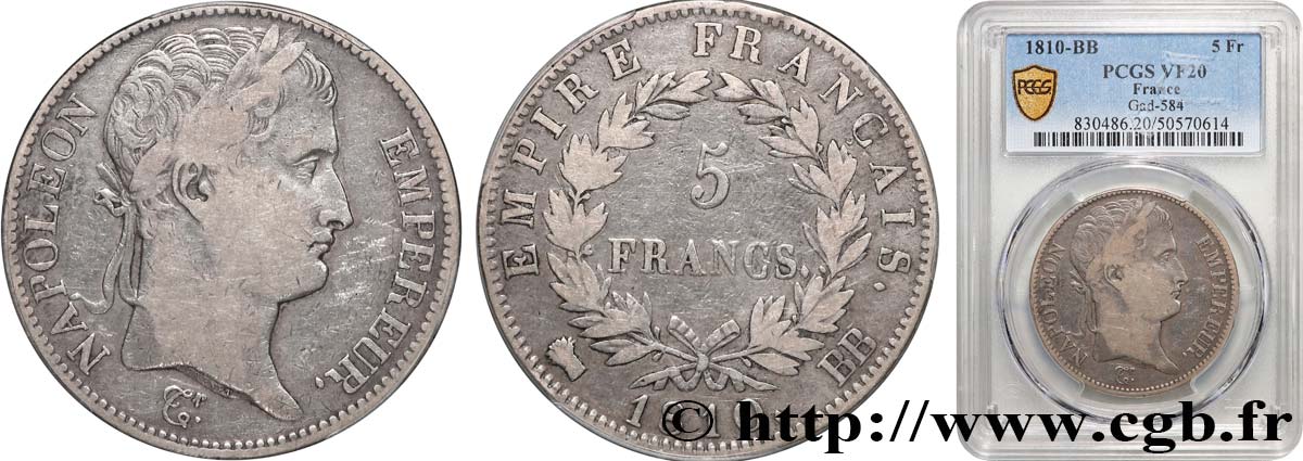 5 francs Napoléon Empereur, Empire français 1810 Strasbourg F.307/16 TB20 PCGS