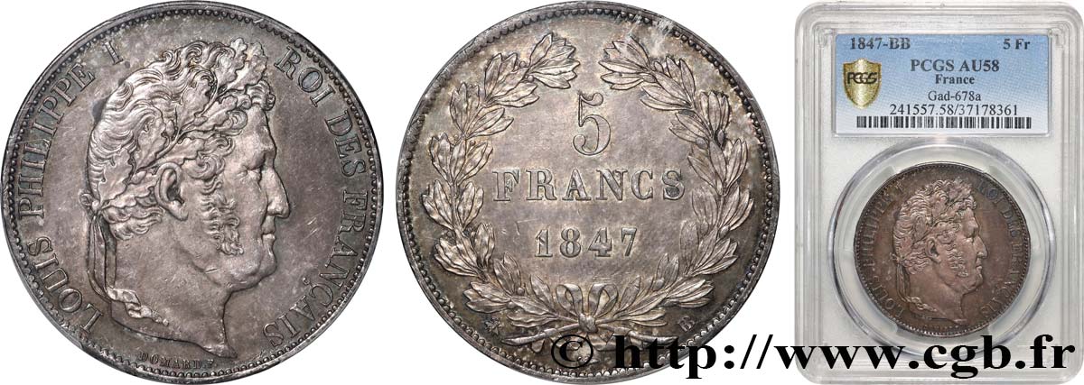 5 francs IIIe type Domard 1847 Strasbourg F.325/15 AU58 PCGS