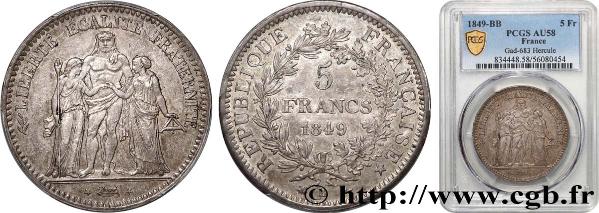 5 francs Hercule, IIe République 1849 Strasbourg F.326/6 SUP58 PCGS