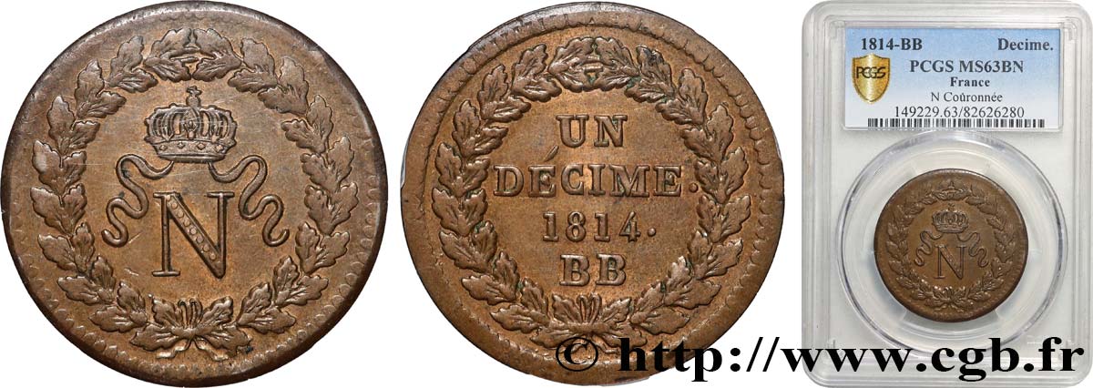 Un décime à l’N couronnée 1814 Strasbourg F.131/3 SPL63 PCGS