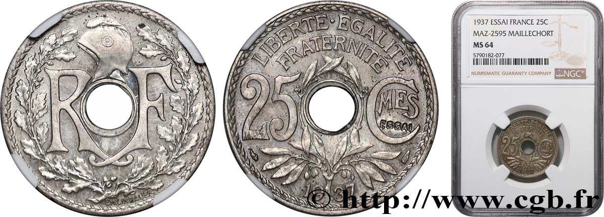 Essai 25 centimes Lindauer en maillechort, ESSAI en creux 1937  GEM.78 1 SPL64 NGC