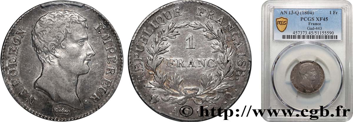 1 franc Napoléon Empereur, Calendrier révolutionnaire 1805 Perpignan F.201/25 TTB45 PCGS
