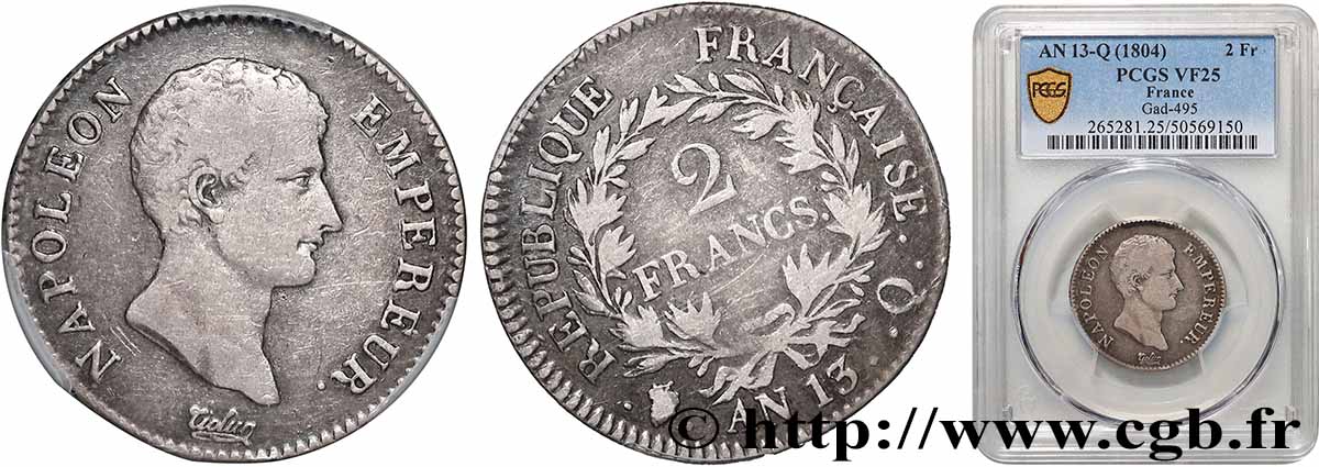 2 francs Napoléon Empereur, Calendrier révolutionnaire, Fautée Coins Tournés à -4 min/-24° 1805 Perpignan F.251/23 TB25 PCGS