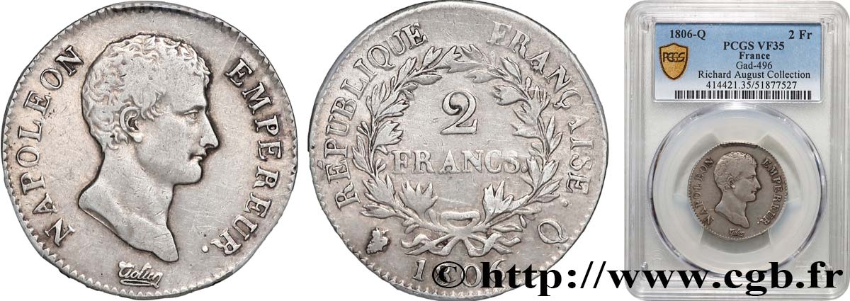 2 francs Napoléon Empereur, Calendrier grégorien 1806 Perpignan F.252/7 TB35 PCGS