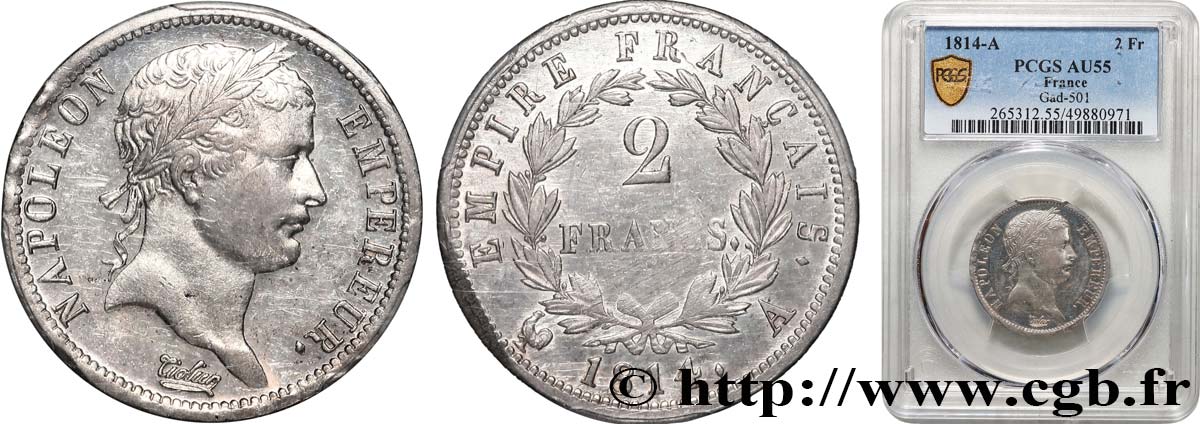 2 francs Napoléon Ier tête laurée, Empire français 1814 Paris F.255/67 SUP55 PCGS