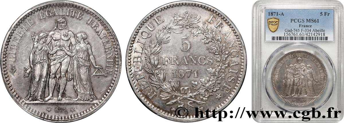 5 francs Hercule 1871 Paris F.334/2 SUP61 PCGS