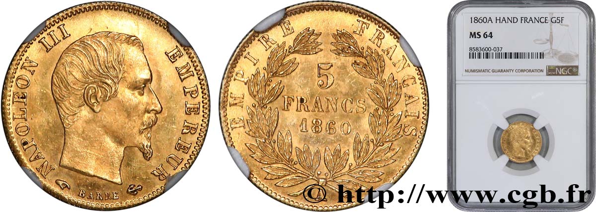 5 francs or Napoléon III, tête nue, grand module 1860 Paris F.501/10 SPL64 NGC