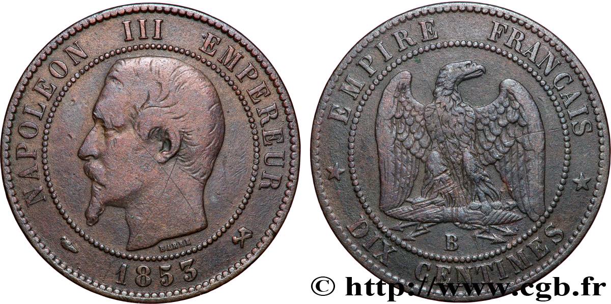 Dix centimes Napoléon III, tête nue 1853 Rouen F.133/3 S 