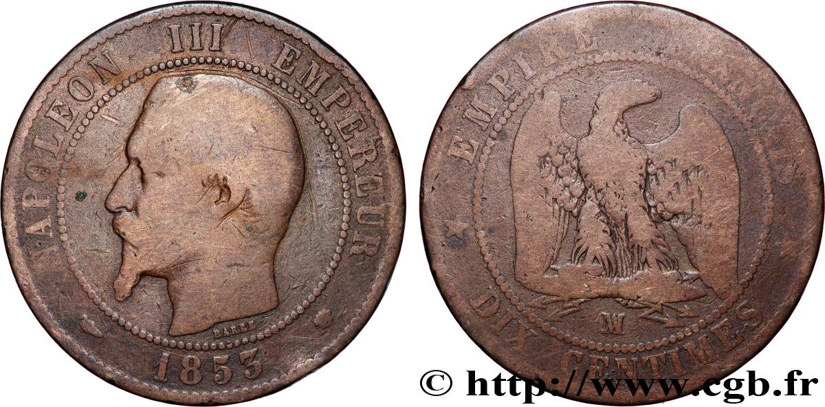 Dix Centimes Napoléon III tête nue 1853 Marseille F.133/8 VG 