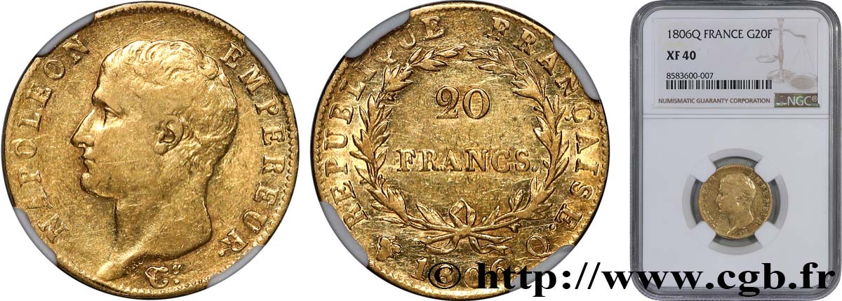 20 francs Napoléon tête nue, calendrier grégorien 1806 Perpignan F.513/3 TTB40 NGC
