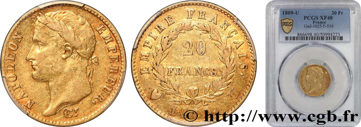 20 francs or Napoléon tête laurée, Empire français 1809 Turin F.516/6 TTB40 PCGS