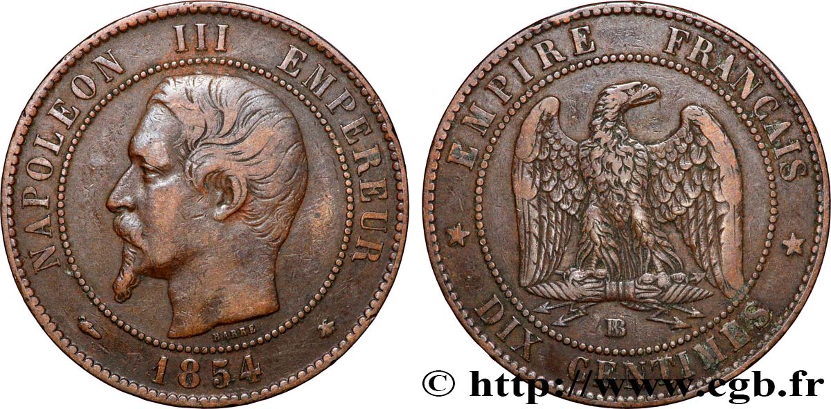 Dix centimes Napoléon III, tête nue 1854 Strasbourg F.133/13 VF 
