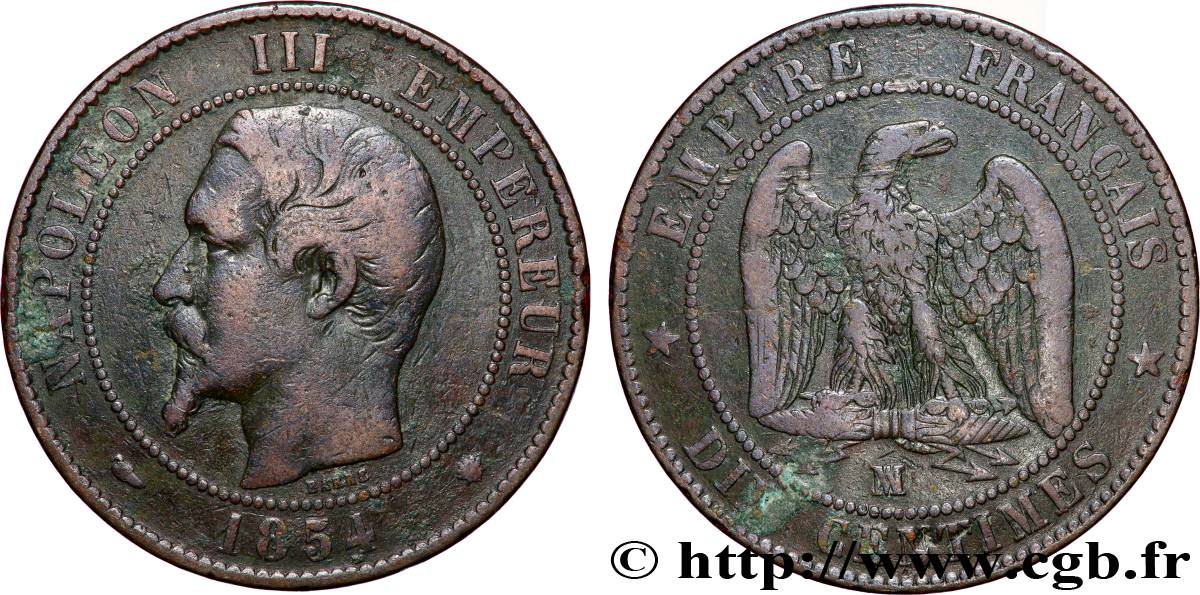 Dix centimes Napoléon III, tête nue 1854 Marseille F.133/17 S 