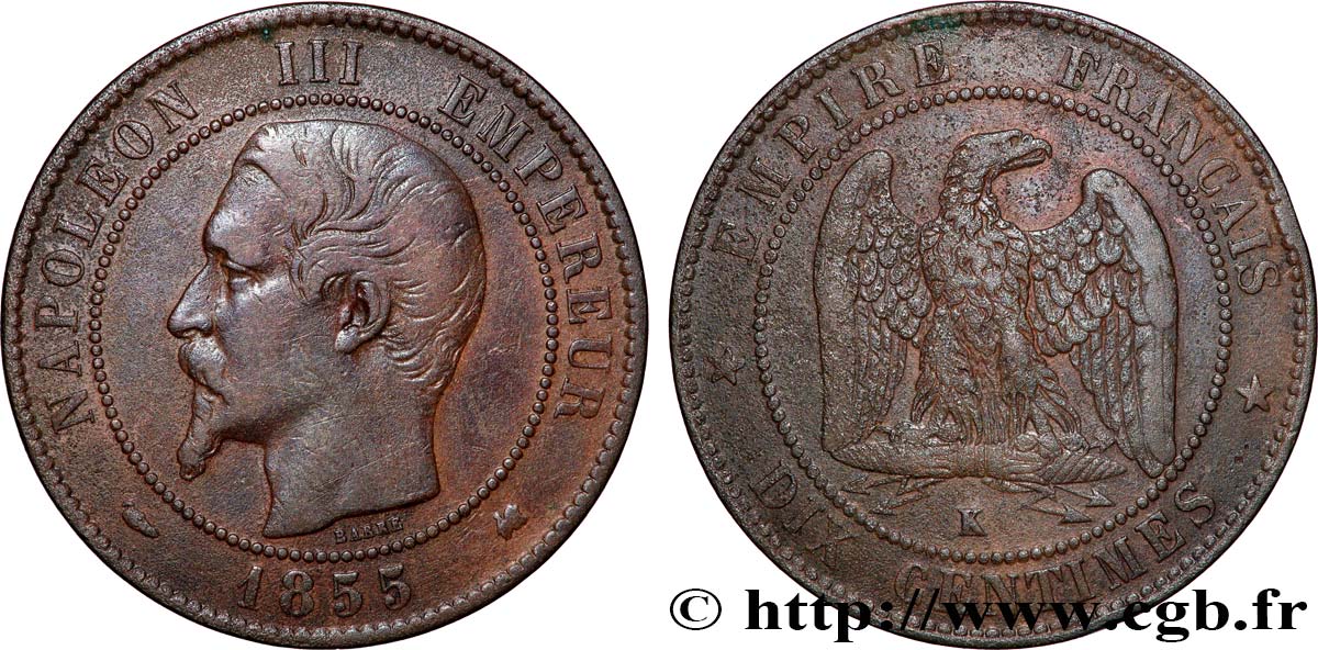 Dix centimes Napoléon III, tête nue 1855 Bordeaux F.133/27 q.BB 