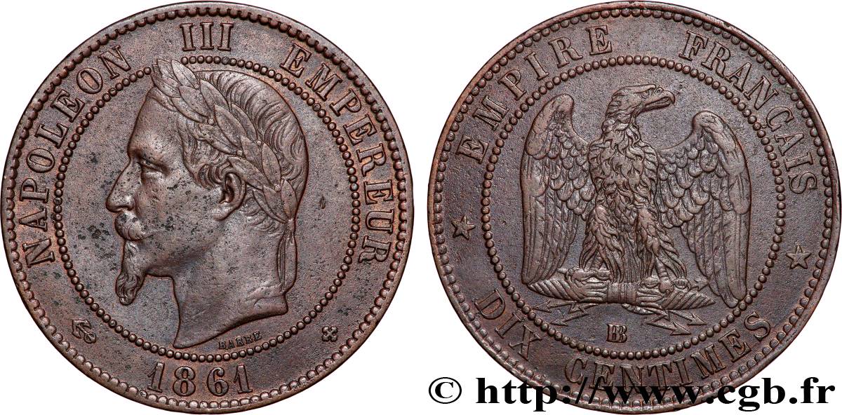 Dix centimes Napoléon III, tête laurée 1861 Strasbourg F.134/5 XF 