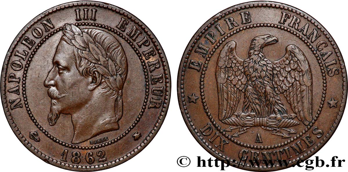 Dix centimes Napoléon III, tête laurée 1862 Paris F.134/7 SS 