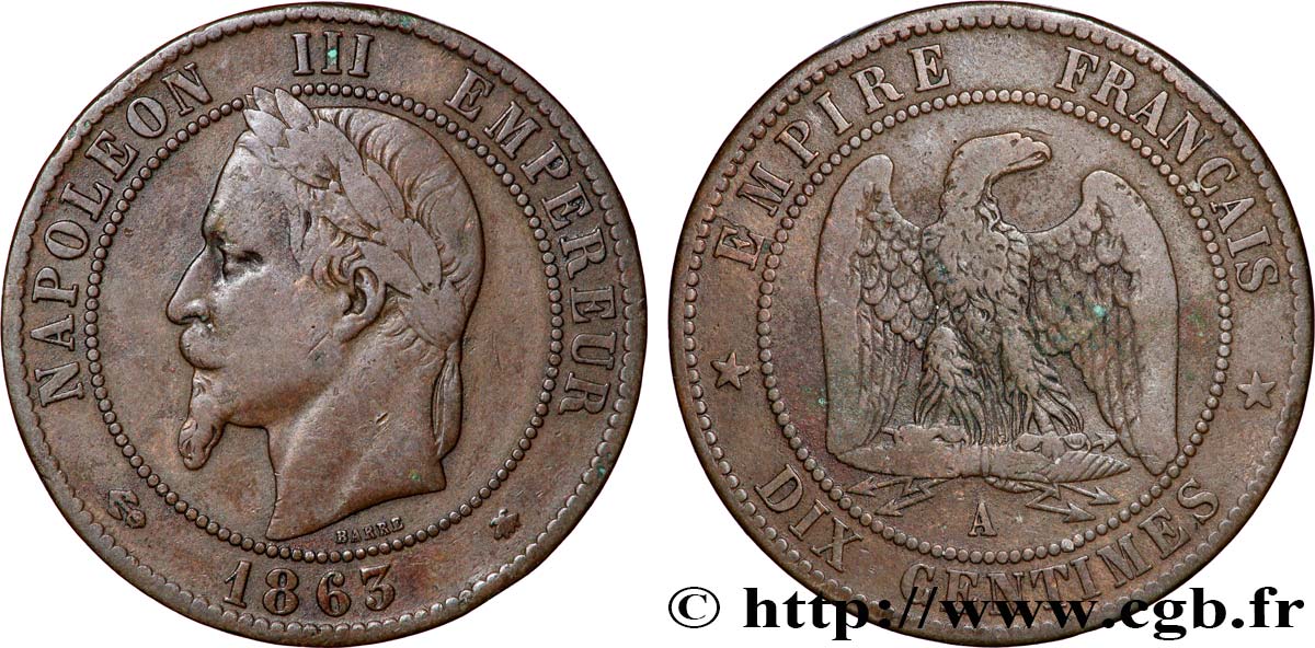 Dix centimes Napoléon III, tête laurée 1863 Paris F.134/10 VF 