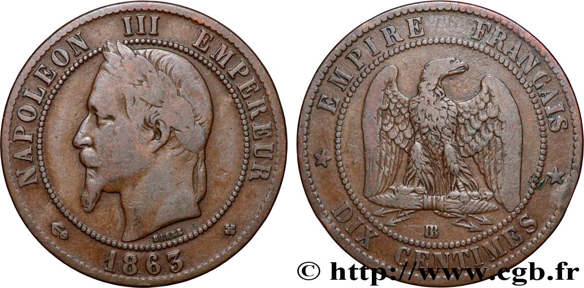 Dix centimes Napoléon III, tête laurée 1863 Strasbourg F.134/11 VF 