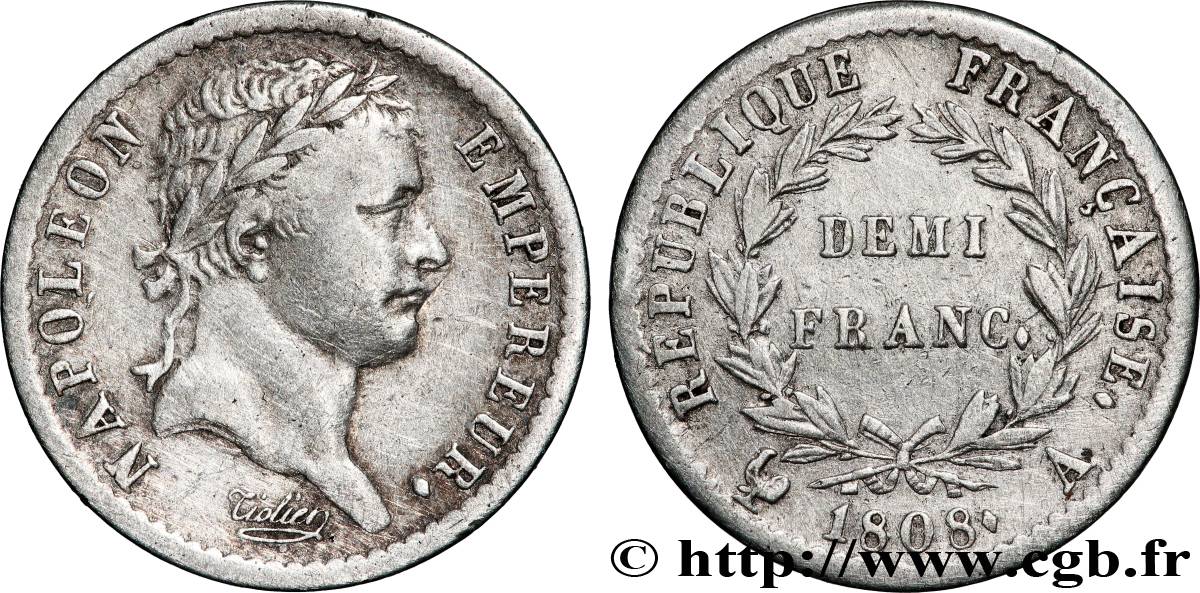 Demi-franc Napoléon Ier tête laurée, République française 1808 Paris F.177/2 TB+ 