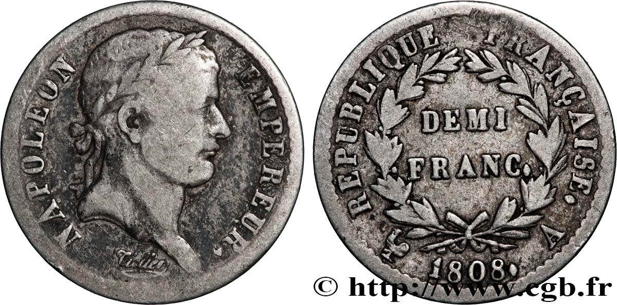 Demi-franc Napoléon Ier tête laurée, République française 1808 Paris F.177/2 TB 