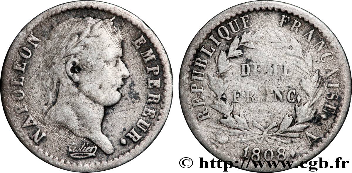 Demi-franc Napoléon Ier tête laurée, République française 1808 Paris F.177/2 TB 