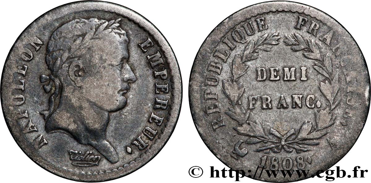 Demi-franc Napoléon Ier tête laurée, République française 1808 Paris F.177/2 S 