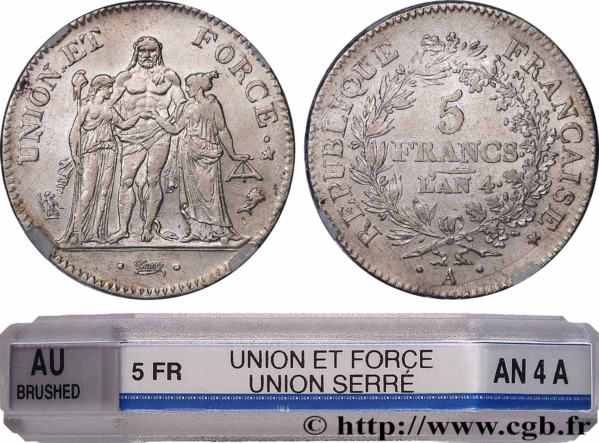 5 francs Union et Force, Union serré, avec glands intérieurs et gland extérieur 1796 Paris F.288/2 TTB+ GENI