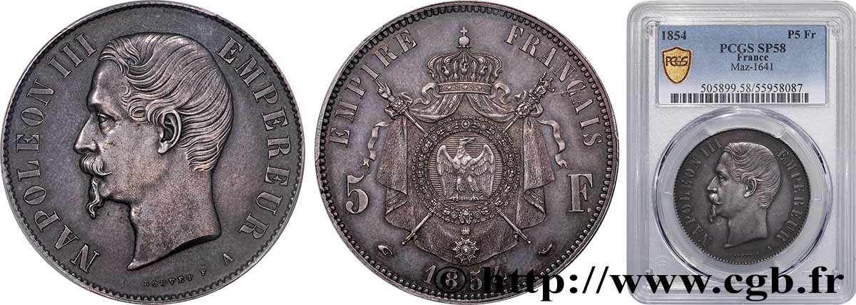 Essai de 5 francs Napoléon III, tête nue, Tranche lisse 1854 Paris Maz.1641  SUP58 PCGS