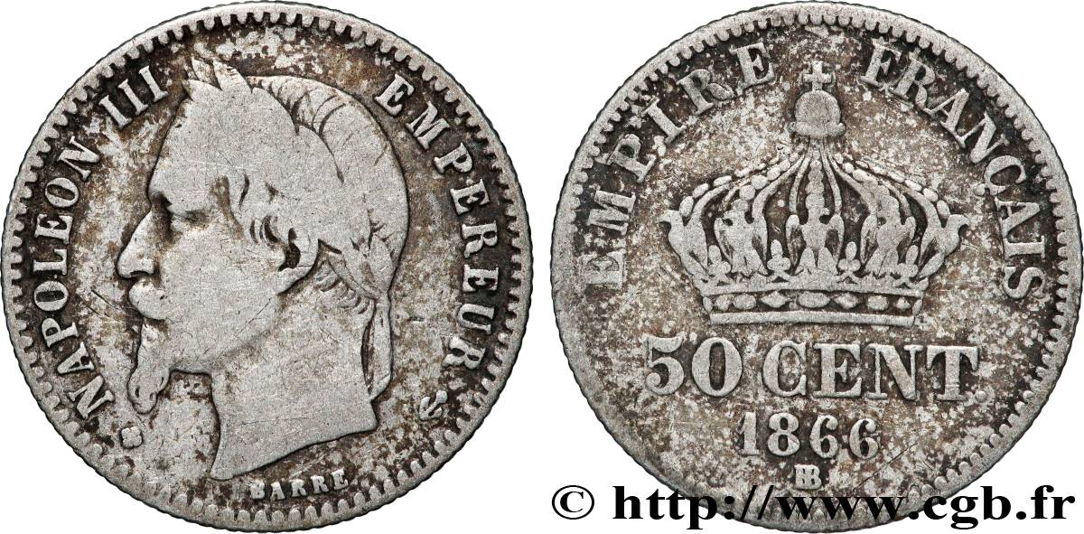 50 centimes Napoléon III, tête laurée 1866 Strasbourg F.188/10 B 