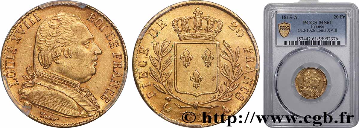 20 francs or Louis XVIII, buste habillé 1815 Paris F.517/10 SUP61 PCGS