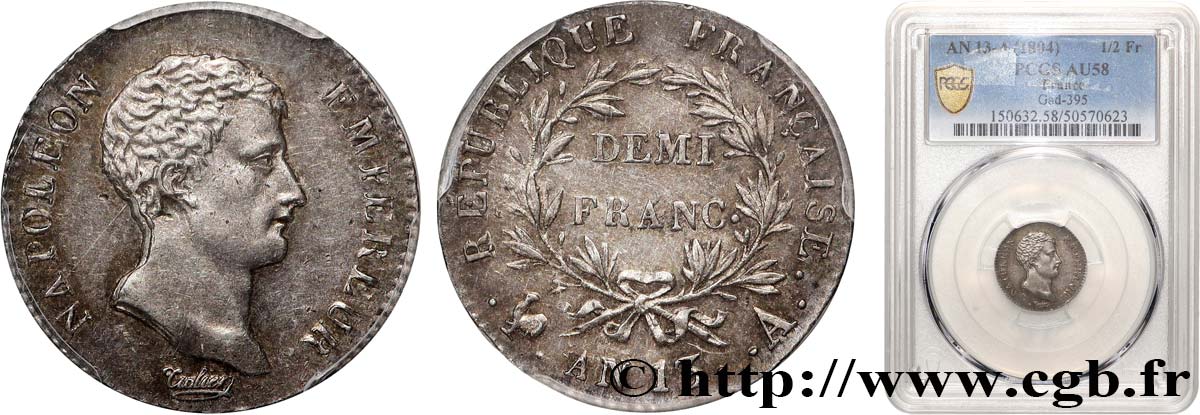 Demi-franc Napoléon Empereur, Calendrier révolutionnaire 1805 Paris F.174/10 SUP58 PCGS