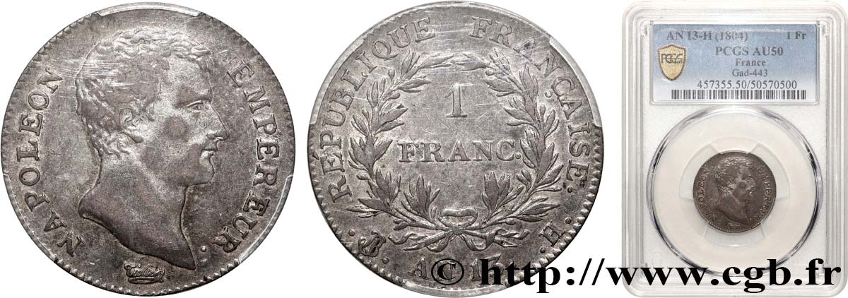 1 franc Napoléon Empereur, Calendrier révolutionnaire 1805 La Rochelle F.201/19 AU50 PCGS