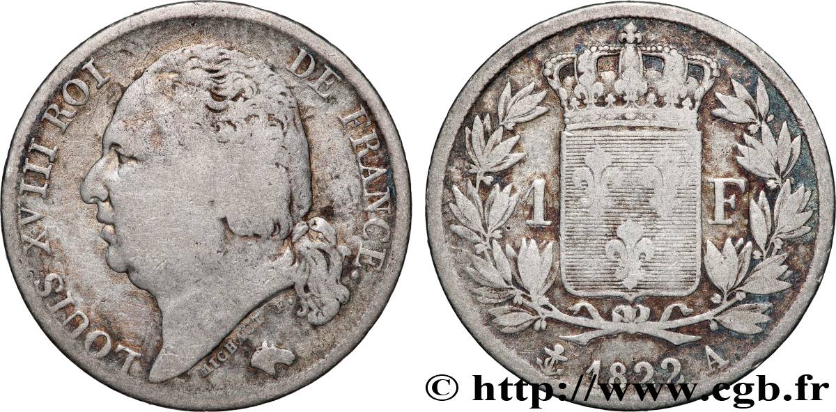 1 franc Louis XVIII 1822 Paris F.206/40 B+ 